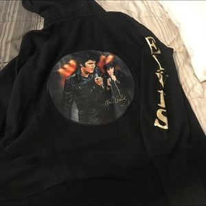 Black zip up hoodie Picture of Elvas on back letters Elvis one sleeve